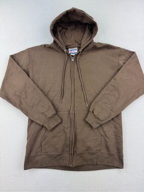 Vintage 90s Hanes Ultimate Cotton Full Zip Brown Fleece Hoodie Boxy Fit Men Sz S